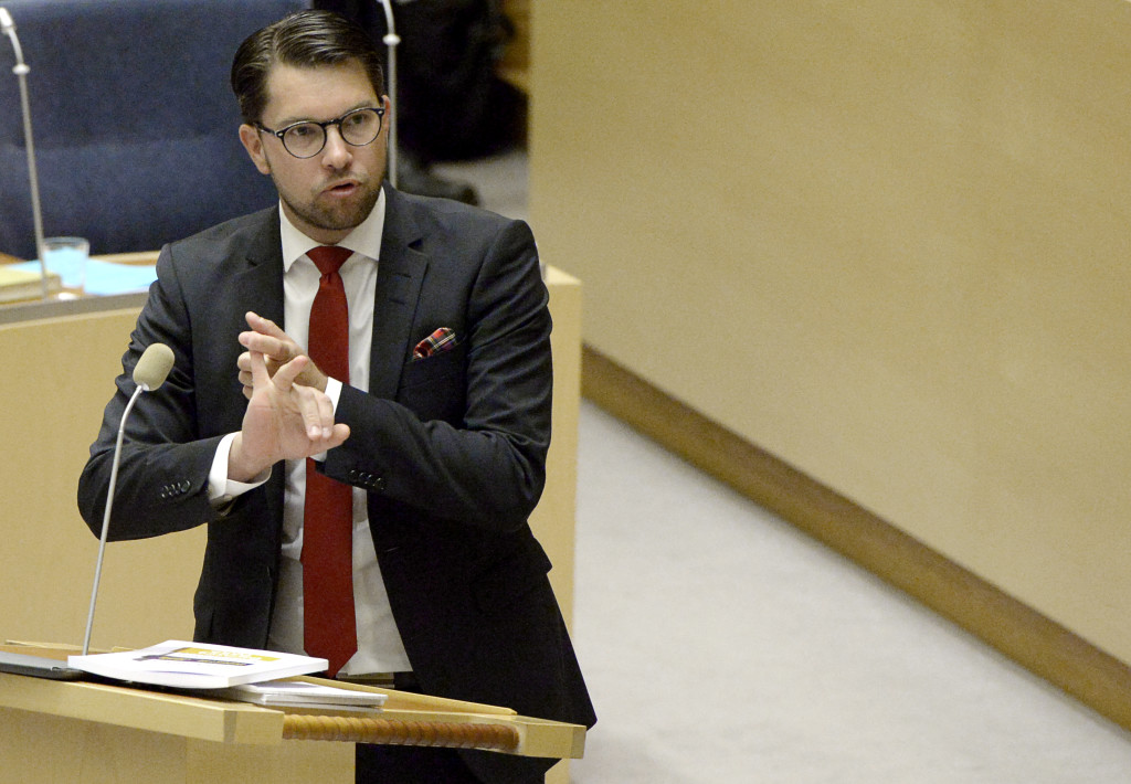 partiledardebatt plenisalen i riksdagen. jimmie kesson, politiker (sd) sverige partiledare,